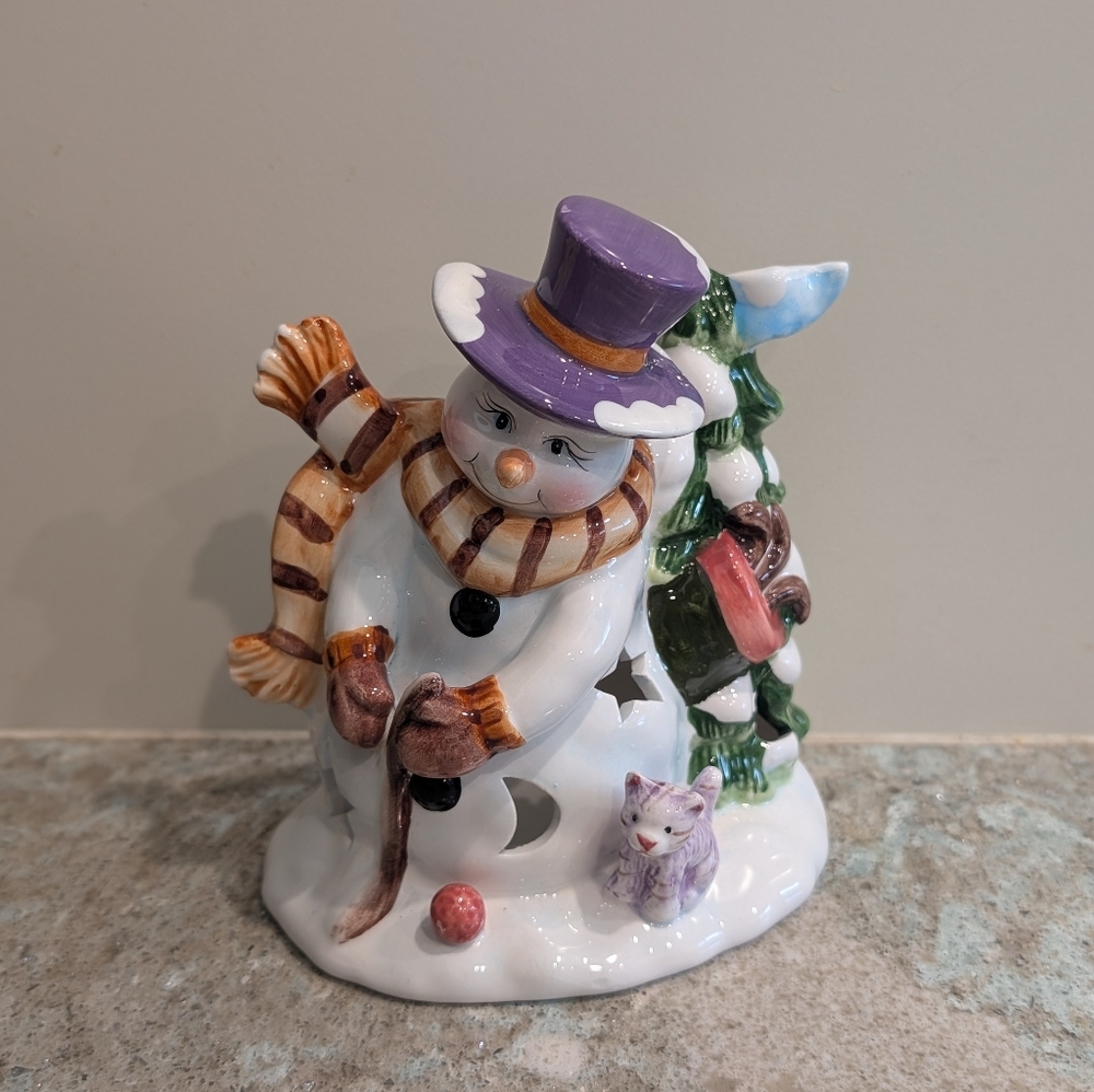 S H Handpainted 2001 Ceramic Golfing Snowman Purple Cat Candle Tealight Holder